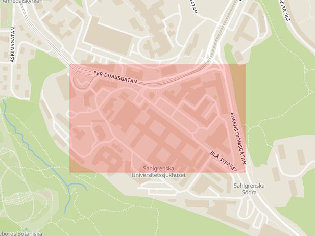 Karta som med röd fyrkant ramar in Göteborg, Eklandagatan, Eklanda Livs, Sahlgrenska Sjukhuset, Kummingatan, Lövgärdet, Västra Götalands län