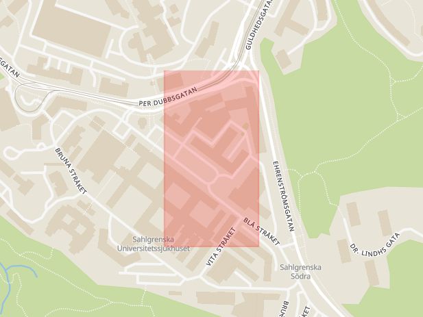 Karta som med röd fyrkant ramar in Plejadgatan, Sahlgrenska Sjukhuset, Göteborg, Västra Götalands län