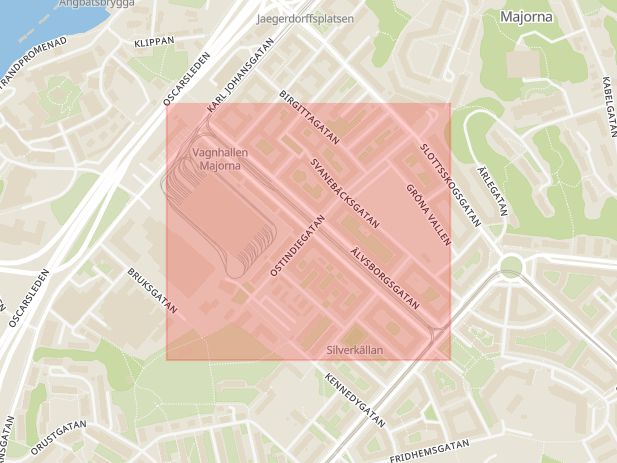 Karta som med röd fyrkant ramar in Kungsladugård, Älvsborgsgatan, Göteborg, Västra Götalands län
