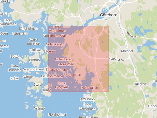 Karta som med röd fyrkant ramar in Västra Frölunda, Göteborg, Halland, Västra Götalands län