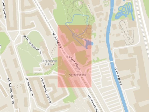 Karta som med röd fyrkant ramar in Södra Parkeringen, Liseberg, Mölndal, Göteborg, Västra Götalands län