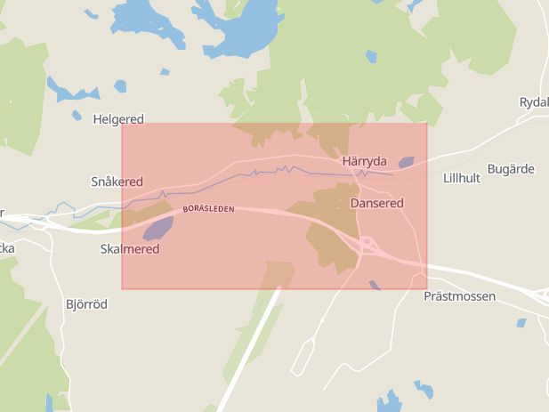 Karta som med röd fyrkant ramar in Boråsvägen, Tippen, Härryda, Västra Götalands län