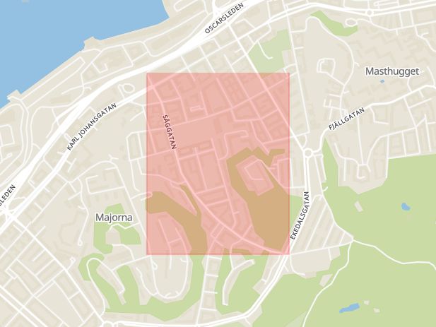 Karta som med röd fyrkant ramar in Trollhättan, Lantmannagatan, Göteborg, Såggatan, Majorna, Västra Götalands län