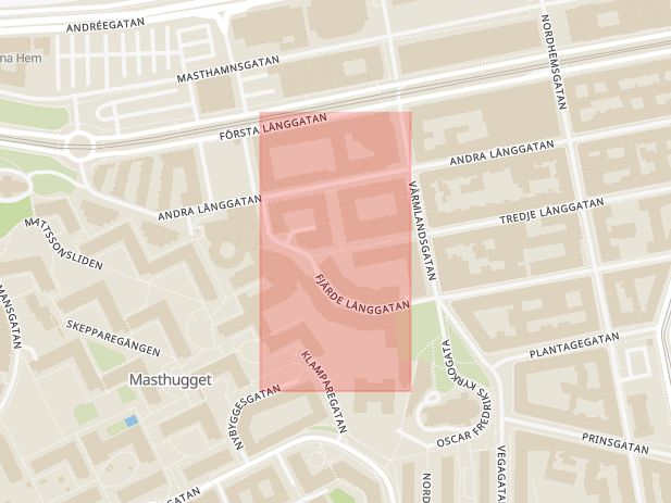 Karta som med röd fyrkant ramar in Masthugget, Fjärde Långgatan, Göteborg, Västra Götalands län