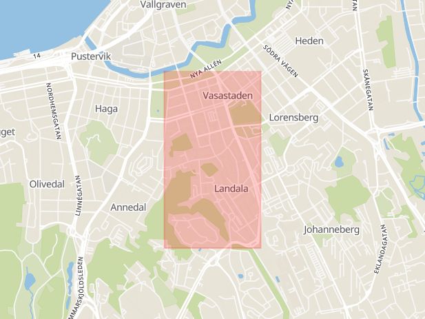 Karta som med röd fyrkant ramar in Landala, Göteborg, Västra Götalands län