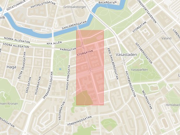 Karta som med röd fyrkant ramar in Göteborg, Grimmered, Gamla Lundbygatan, Kinna, Viktoriagatan, Västra Götalands län