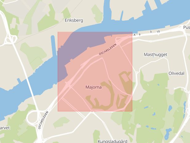 Karta som med röd fyrkant ramar in Majorna, Högsbo, Göteborg, Västra Götalands län