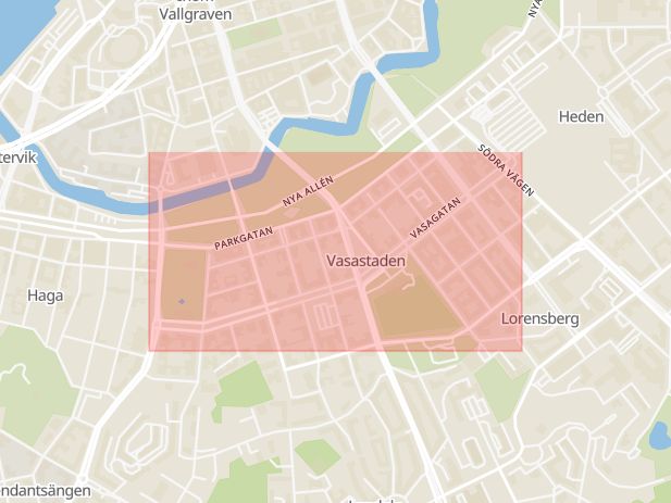 Karta som med röd fyrkant ramar in Vasagatan, Avenyn, Göteborg, Västra Götalands län