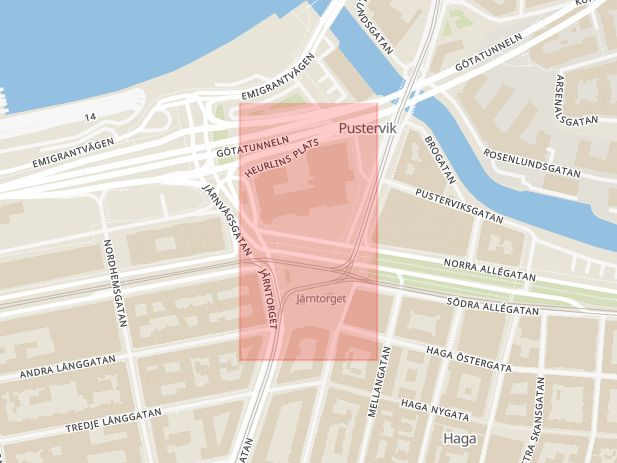 Karta som med röd fyrkant ramar in Olof Palmes Plats, Göteborg, Västra Götalands län