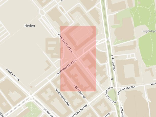 Karta som med röd fyrkant ramar in Heden, Engelbrektsgatan, Sten Sturegatan, Göteborg, Västra Götalands län