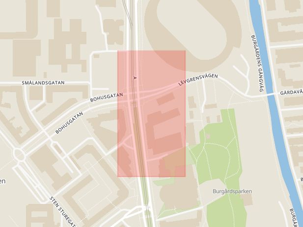Karta som med röd fyrkant ramar in Skånegatan, Gymnasieskolan, Göteborg, Västra Götalands län