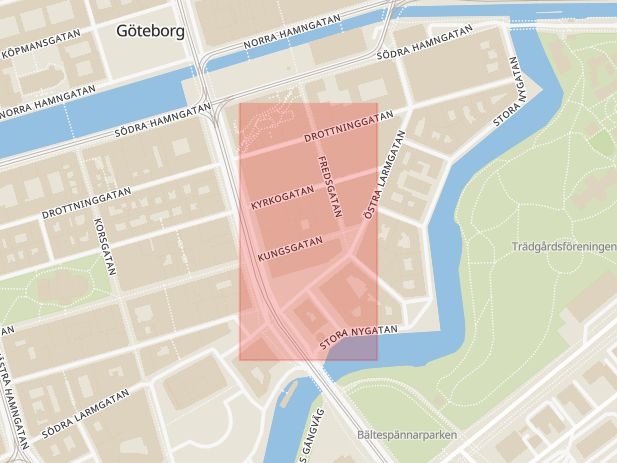 Karta som med röd fyrkant ramar in Göteborg, Eketrägatan, Kungsgatan, The Phone House, Västra götalands län, Västra Götalands län