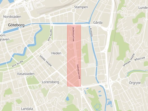 Karta som med röd fyrkant ramar in Skånegatan, Göteborg, Västra Götalands län