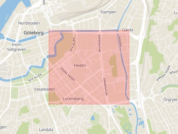 Karta som med röd fyrkant ramar in Partille, Heden, Göteborg, Västra Götalands län