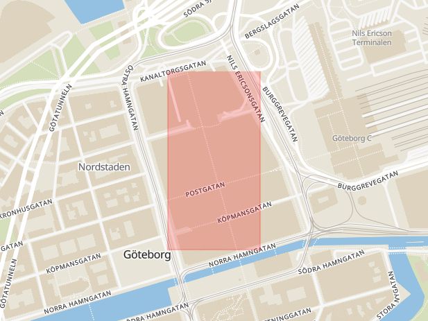 Karta som med röd fyrkant ramar in Göteborgsoperan, Nordstan, Göteborg, Västra Götalands län