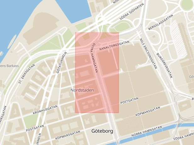 Karta som med röd fyrkant ramar in Lilla Bommen, Östra Hamngatan, Göteborg, Västra Götalands län