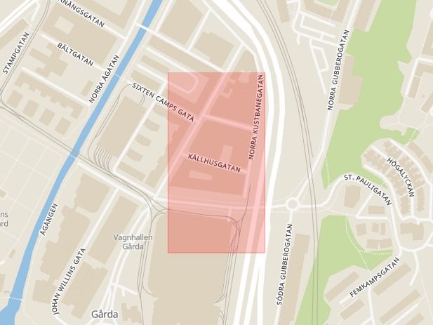 Karta som med röd fyrkant ramar in Stampen, Källhusgatan, Göteborg, Västra Götalands län
