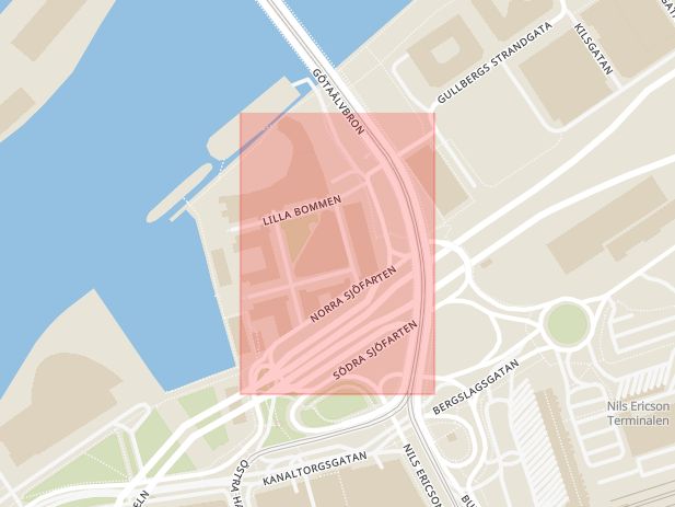 Karta som med röd fyrkant ramar in Hamntorget, Göteborg, Västra Götalands län