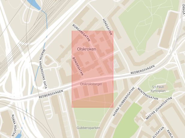 Karta som med röd fyrkant ramar in Olskroken, Olskrokstorget, Göteborg, Västra Götalands län