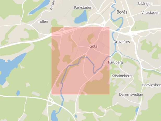 Karta som med röd fyrkant ramar in Göta, Varbergsvägen, Borås, Västra Götalands län