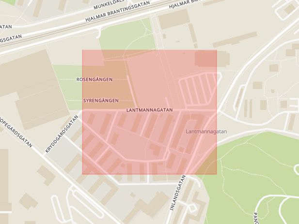 Karta som med röd fyrkant ramar in Lantmannagatan, Hisingen, Göteborg, Västra Götalands län