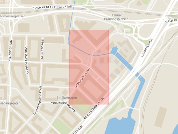 Karta som med röd fyrkant ramar in Herkulesgatan, Brämaregatan, Göteborg, Västra Götalands län
