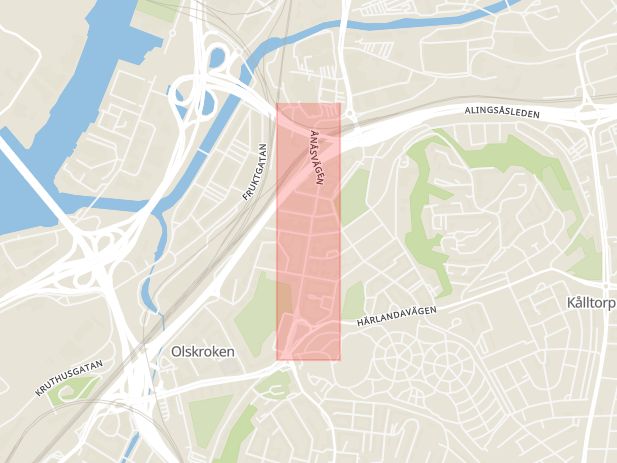 Karta som med röd fyrkant ramar in Ånäsvägen, Olskroken, Frölunda, Ullevi Norra, Göteborg, Västra Götalands län