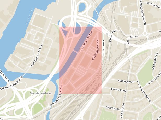 Karta som med röd fyrkant ramar in Blomstergatan, Göteborg, Västra Götalands län