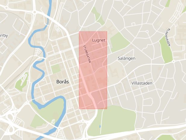 Karta som med röd fyrkant ramar in Sturegatan, Borås, Västra Götalands län