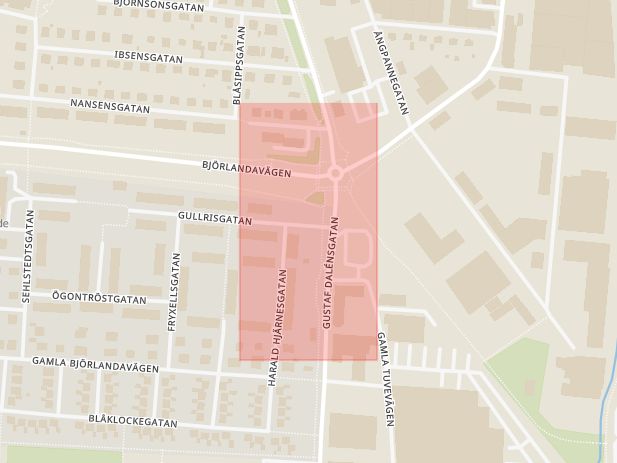 Karta som med röd fyrkant ramar in Swedenborgsplatsen, Göteborg, Västra Götalands län