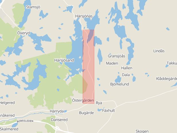 Karta som med röd fyrkant ramar in Härskogsvägen, Härryda, Västra Götalands län