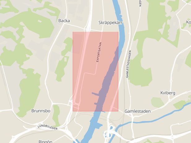 Karta som med röd fyrkant ramar in Exportgatan, Göteborg, Västra Götalands län