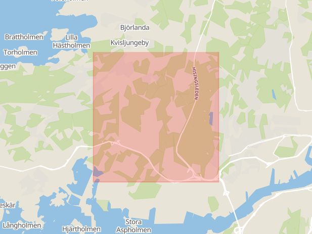 Karta som med röd fyrkant ramar in Hisingen, Nolered, Göteborg, Västra Götalands län