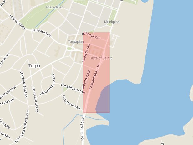 Karta som med röd fyrkant ramar in Torpa, Barnarpsgatan, Jönköping, Jönköpings län