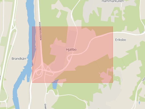 Karta som med röd fyrkant ramar in Hjällbo, Göteborg, Västra Götalands län