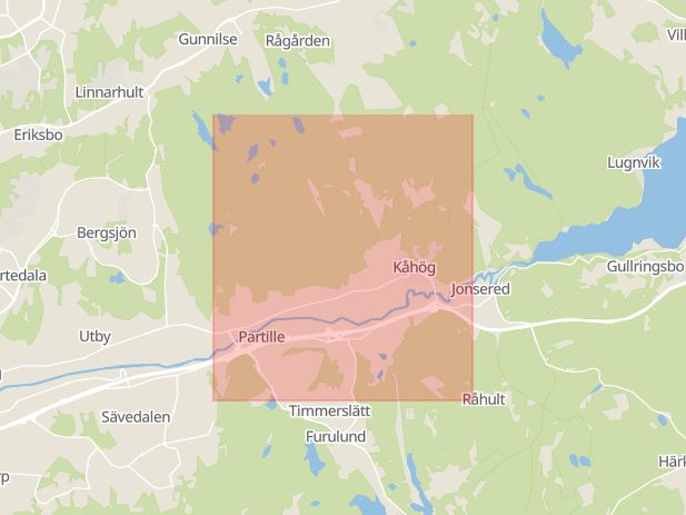 Karta som med röd fyrkant ramar in Partille, Alingsås, Lerum, Västra Götalands län