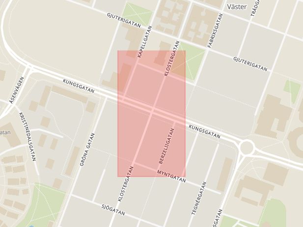 Karta som med röd fyrkant ramar in Klostergatan, Kungsgatan, Torpa, Jönköping, Jönköpings län