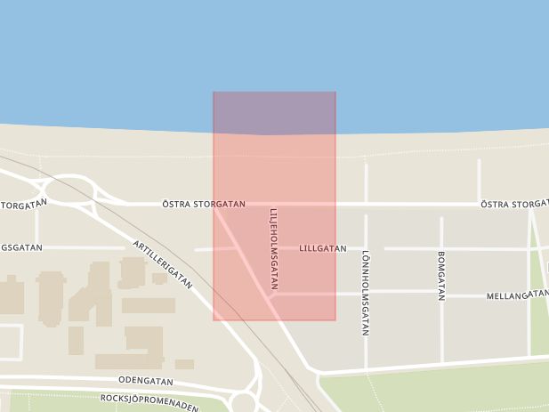 Karta som med röd fyrkant ramar in Liljeholmsgatan, Östra Storgatan, Jönköping, Jönköpings län