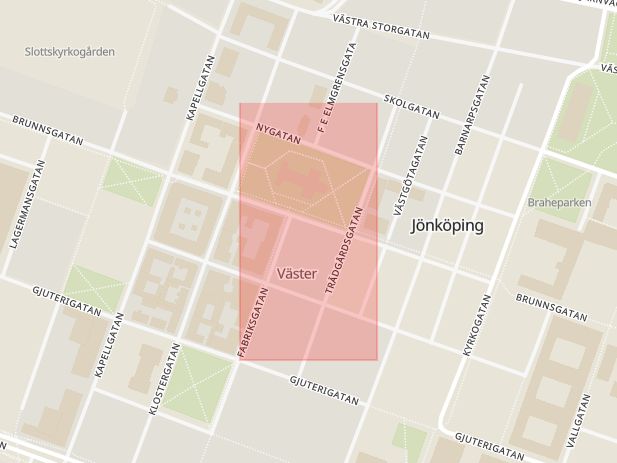 Karta som med röd fyrkant ramar in Västra Storgatan, Brunnsgatan, Jönköping, Jönköpings län