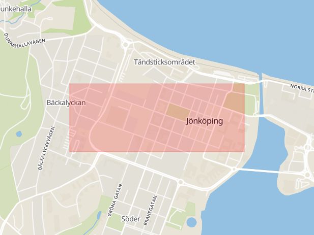 Karta som med röd fyrkant ramar in Brunnsgatan, Jönköping, Jönköpings län