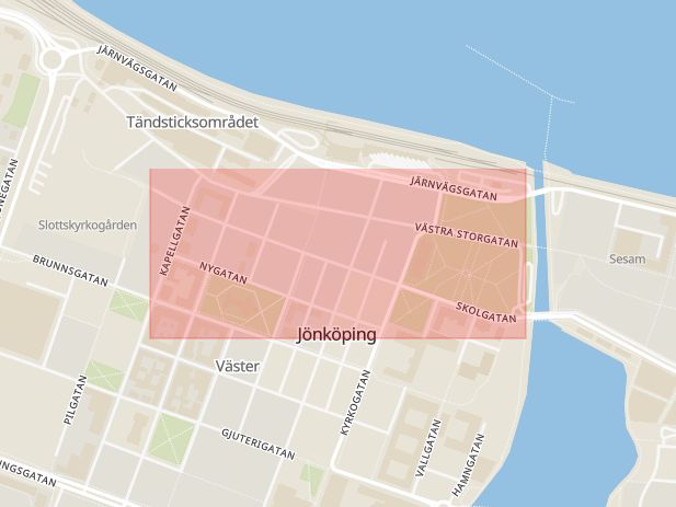Karta som med röd fyrkant ramar in Jönköping, Skolgatan, Bymarken, Gnosjö, Jönköpings län