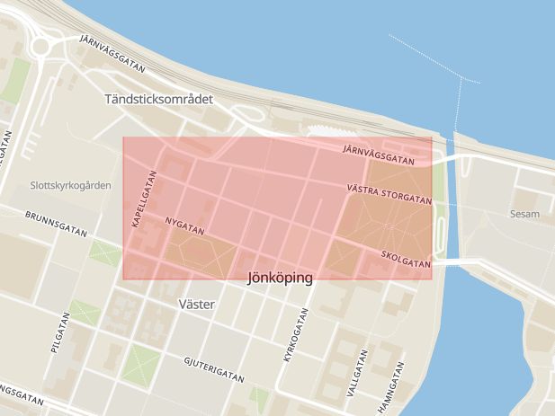 Karta som med röd fyrkant ramar in Skolgatan, Jönköping, Jönköpings län