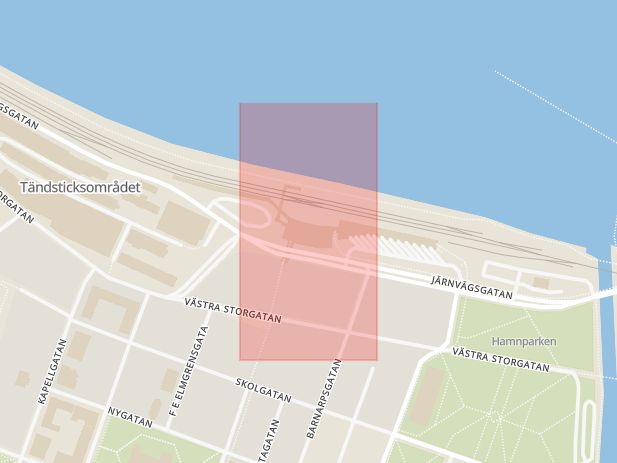 Karta som med röd fyrkant ramar in Barnarpsgatan, Jumper, Resecentrum, Jönköping, Jönköpings län