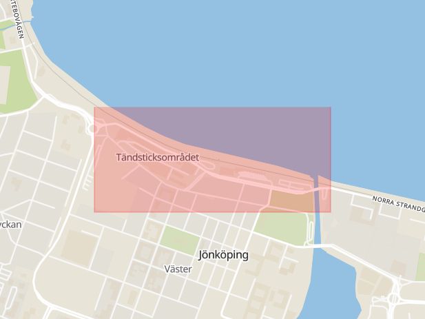 Karta som med röd fyrkant ramar in Piren, Järnvägsgatan, Norra Strandgatan, Jönköping, Jönköpings län