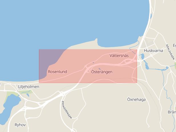 Karta som med röd fyrkant ramar in Huskvarnavägen, Jönköpings Kommun, Jönköping, Jönköpings län