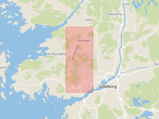 Karta som med röd fyrkant ramar in Göteborg, Färgaregatan, Trollhättan, Brännö, Sahlgrenska Sjukhuset, Blendas Gata, Hisingsleden, Västra Götalands län