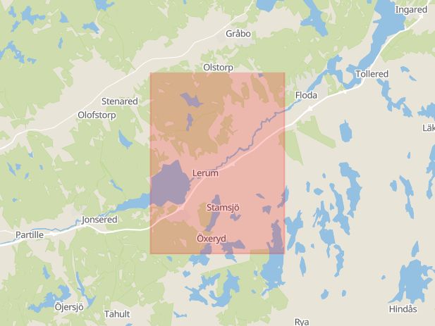 Karta som med röd fyrkant ramar in Stenkullen, Parkeringsplats, Lerum, Västra Götalands län