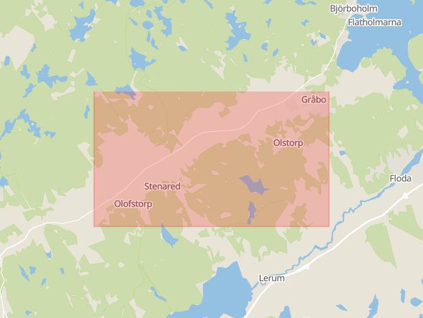 Karta som med röd fyrkant ramar in Gråbovägen, Lerum, Västra Götalands län