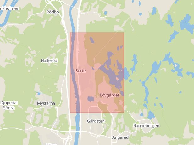 Karta som med röd fyrkant ramar in Surte, Kungälv, Ale, Västra Götalands län