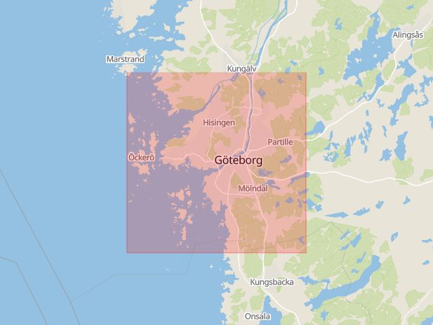 Karta som med röd fyrkant ramar in Kungsgatan, Stora Nygatan, Centralstationen, Göteborg, Västra Götalands län